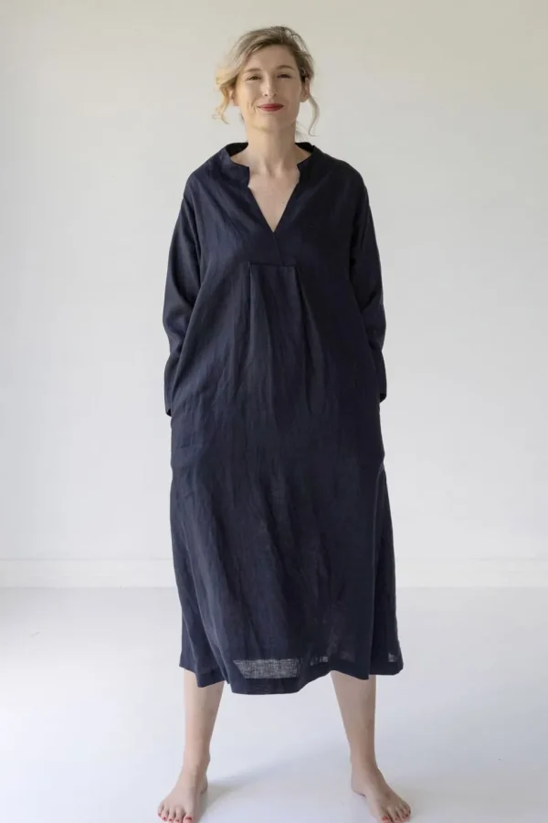 Emma Linen Dress In Dark Navy