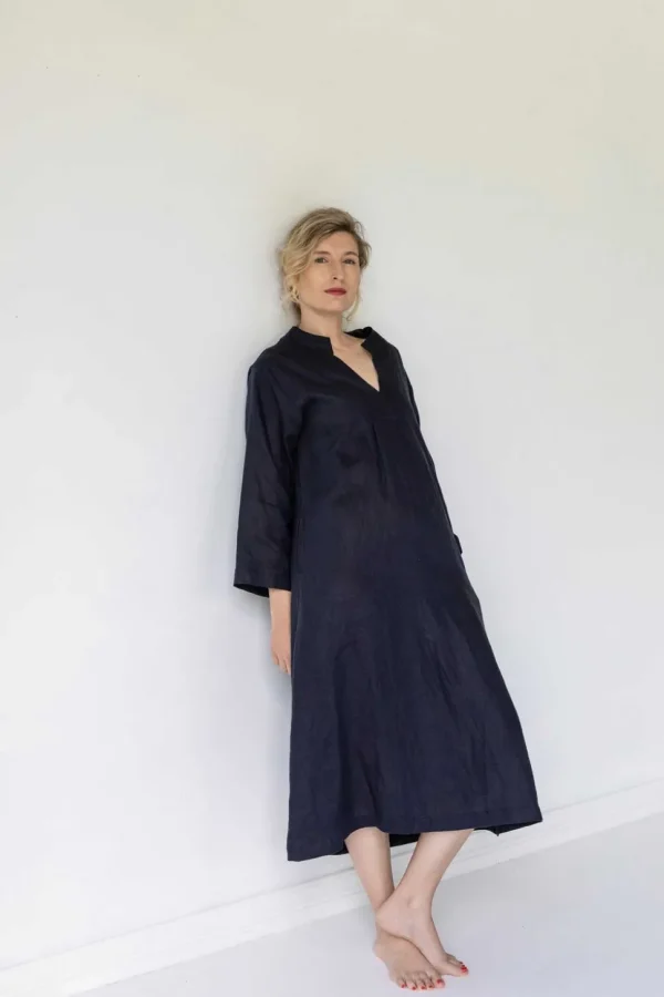 Emma Linen Dress In Dark Navy