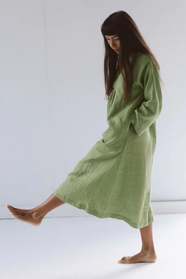 Emma Linen Dress In Herb Green