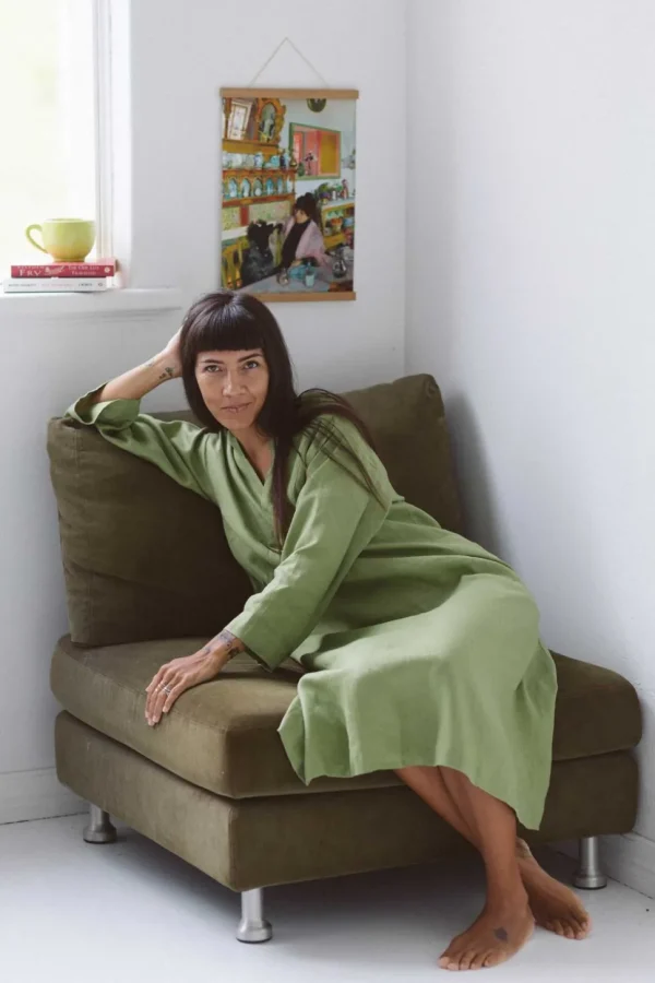 Emma Linen Dress In Herb Green